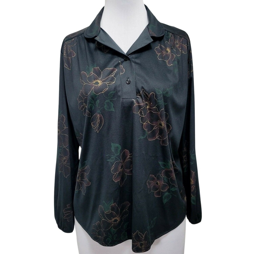 Cirel Fashions Vintage XL Black Floral Long Sleeve‎ Collared Blouse Top Whimsy